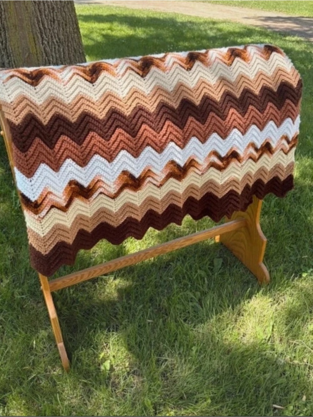 Vintage Handmade Crochet Chevron Throw Blanket - Brown & Cream